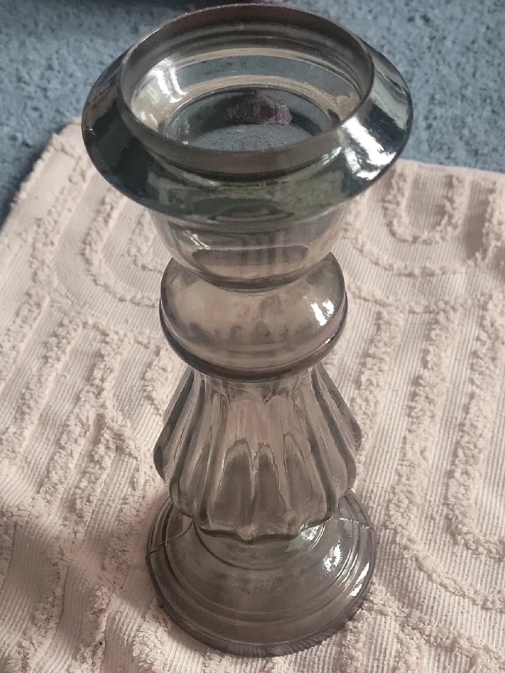 Smoky Gray Ribbed Glass Candle Holder